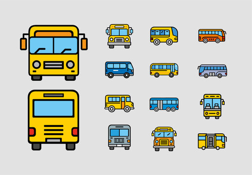 Black Line Minimalist Bus Transportation Icons Set