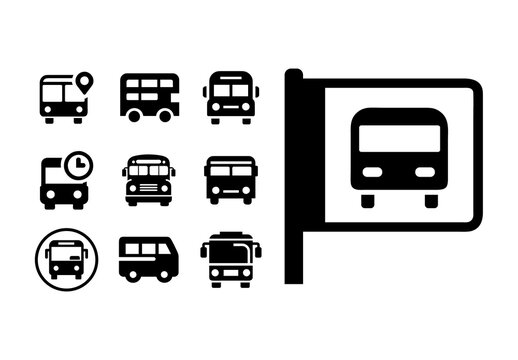 Black Silhouette Public Transport Bus Icons Set
