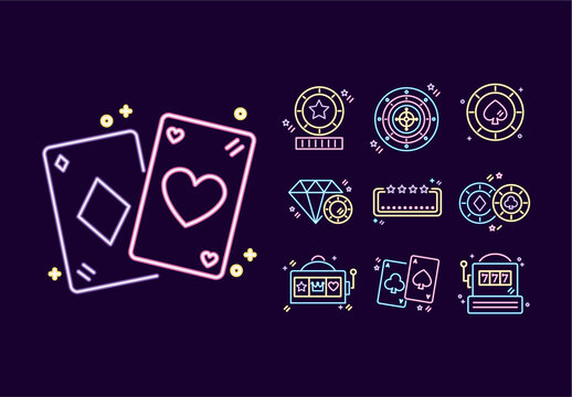 Neon Gradient Casino Slot Cards Chips Gambling Icons Set