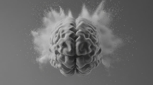 realistic human brain exploding into particles, conceptual artwork of mental breakdown, stress overload, neurological damage, cognitive disintegration, abstract neuroscience, and psychological crisis
