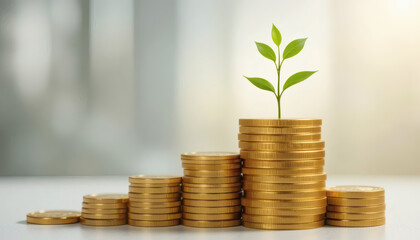 A Neatly Stacked Pile of Gold Coins with a Growing Plant Sprouting from the Top, Symbolizing Financial Growth and Investment