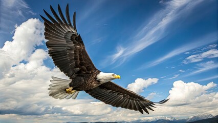 Naklejka premium Majestic bald eagle soaring through the sky with its wings fully extended, sharp details on feathers, bright blue sky with scattered clouds, powerful and patriotic atmosphere, photorealistic depth