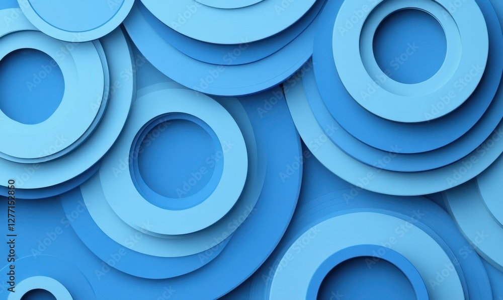 Poster a background with abstract circles in multiple sizes and shades of blue overlapping each other.