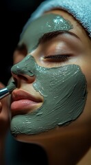 Woman applying green clay mask while relaxing in a spa setting during the evening glow of soothing ambiance
