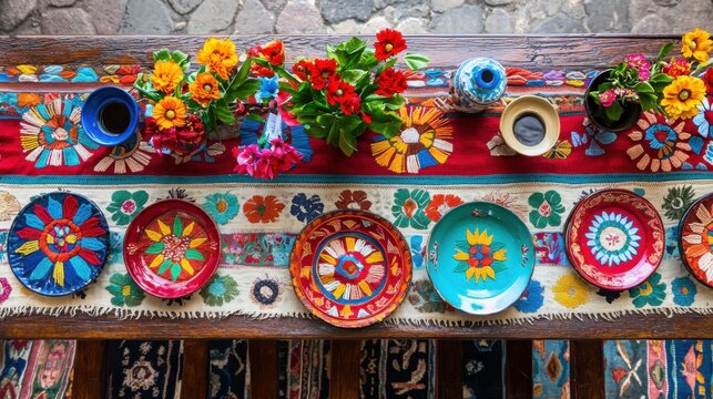 Vibrant traditional Mexican embroidery pieces displayed on rustic wooden surface