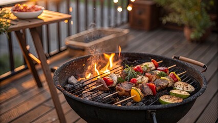 Rustic charcoal barbecue grill with skewers of marinated meat and vegetables, soft-focus background of a wooden deck, glowing embers, warm and cozy mood, high-detail textures