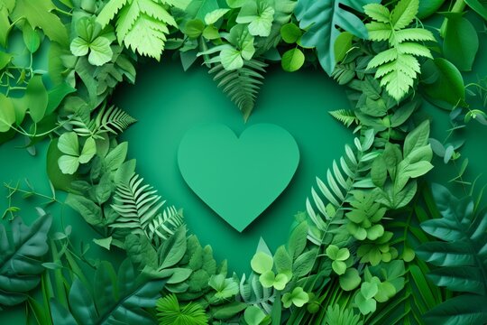 Green heart shape with fern leaves and foliage on emerald background with copy space. SEarth day, World environment day, Eco friendly concept. Green living