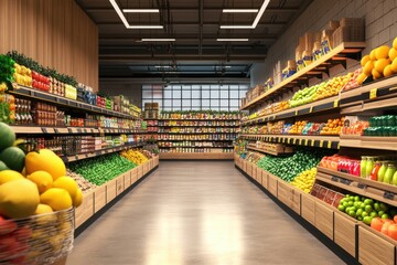 A vibrant 3D supermarket with fully stocked shelves, bright lights, and organized sections