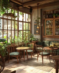 A vintage coffee shop with wooden furniture, plants, and a relaxing ambiance