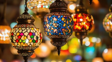 Colorful Decorative Lanterns Hanging in Vibrant Market Setting