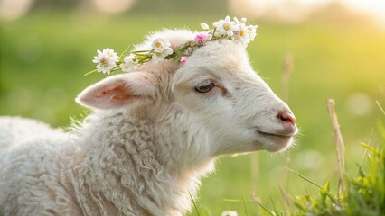 Fototapeta premium White fluffy lamb with delicate flowers on its head, soft-focus background of a green pasture, dreamy and warm lighting, gentle and peaceful mood, ultra-realistic textures, close-up portrait