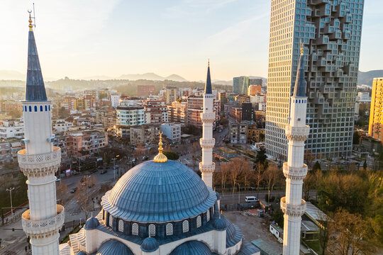Aerial drone view of the Namazgah Mosque in Tirana, Albania