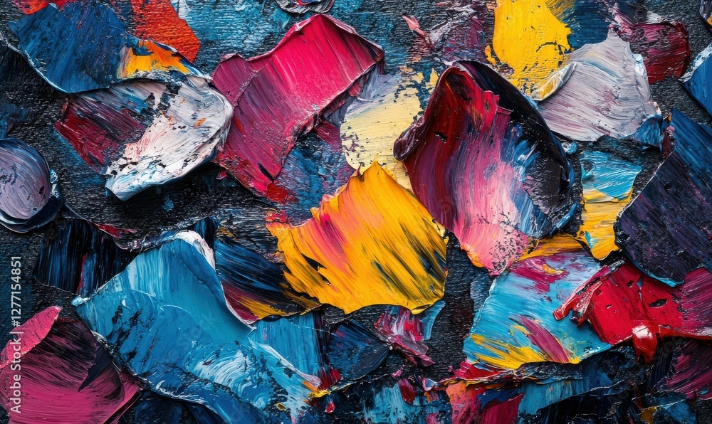 Poster abstract art piece with swirling strokes of bold colors creating a mesmerizing pattern on a dark tex