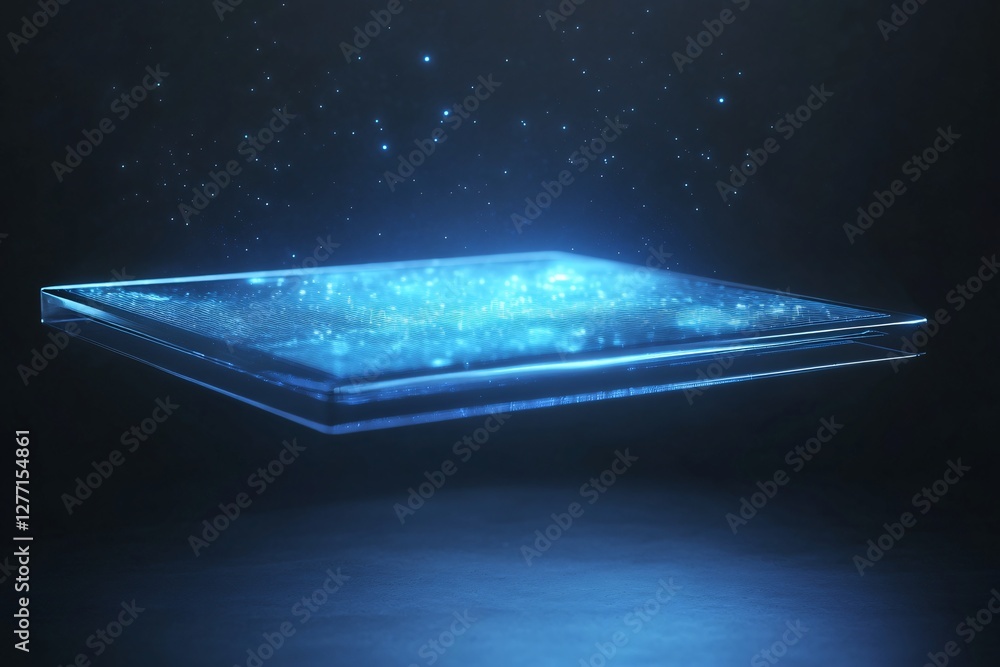 Poster glowing blue digital tablet with floating holographic display in dark space. futuristic technology s