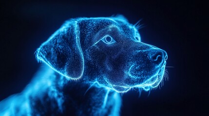 Blue neon glowing dog profile in darkness. Digital art of labrador retriever head silhouette with luminous effect. Modern tech style pet portrait for wallpaper and design with copy space