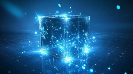 Glowing blue cube with digital network connections. Abstract tech visualization on dark background. Futuristic data structure with light particles. Modern design for tech, AI, blockchain concepts