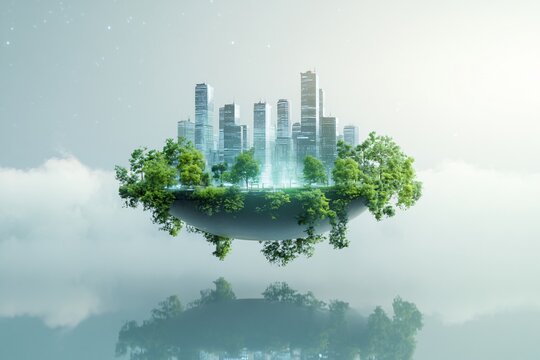 Floating green island with modern skyscrapers in clouds. Sustainable future city concept with trees and buildings. Urban planning and ecology vision for environmental design with copy space