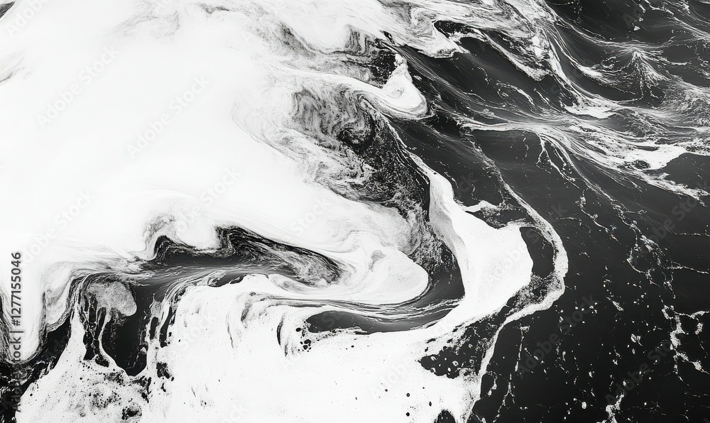 Poster abstract black and white wave pattern with bold contrasts and dynamic curves, creating a modern and 
