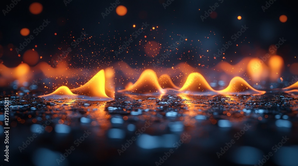 Wall mural abstract fiery waves on dark surface with bokeh background