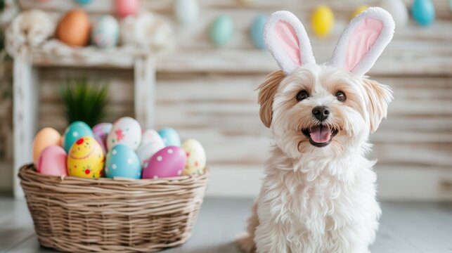 A cute fluffy dog with bunny ears sits beside a basket full of colorful Easter eggs. The background is softly blurred featuring cheerful Easter decorations perfect for springtime