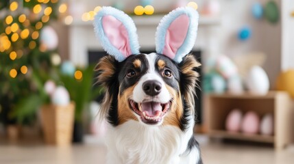 Obraz premium A joyful dog with bunny ears is captured in close-up radiating happiness. The background is decorated for Easter with soft colors and lights creating a cheerful atmosphere