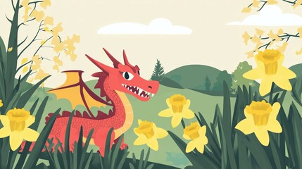 Cartoon red dragon in a green meadow with yellow daffodils. St. David’s Day. Concept of Welsh heritage, national pride, folklore, and cultural celebration