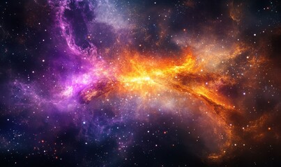 Fototapeta premium Abstract cosmic explosion of glowing light waves, rich purple and orange tones blending seamlessly into a vast dark universe,