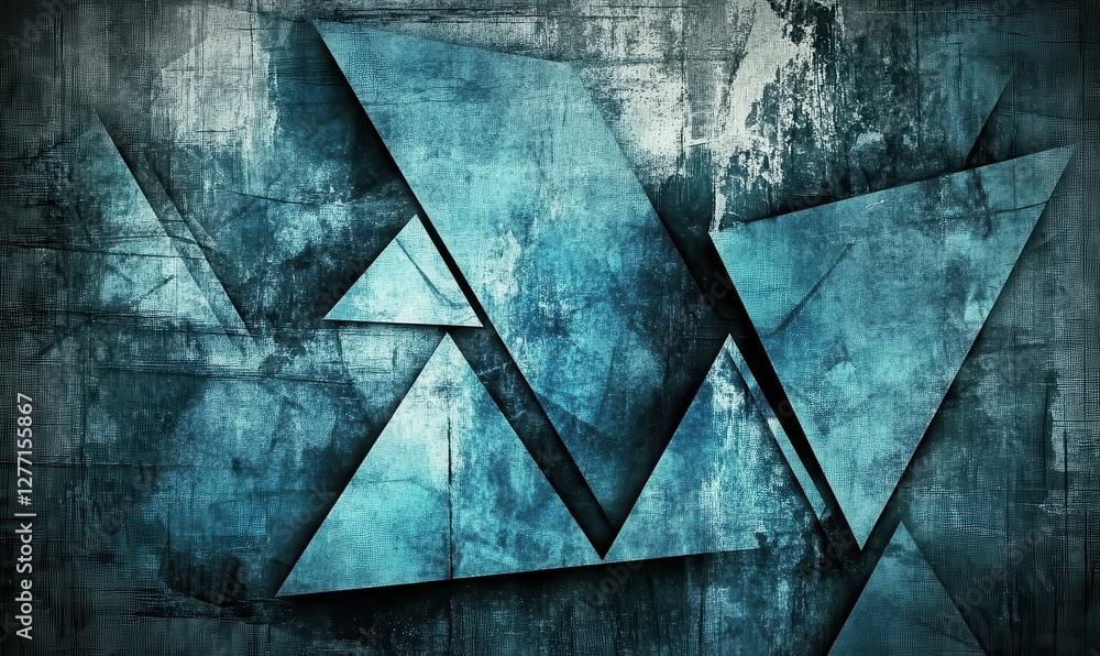 Poster a grunge-style abstract background with a geometric arrangement of overlapping blue triangles.