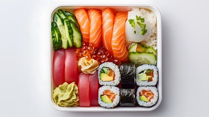 Elegant Commercial Shot of a Colorful Bento Box with Sushi Rolls and Pickled Vegetables