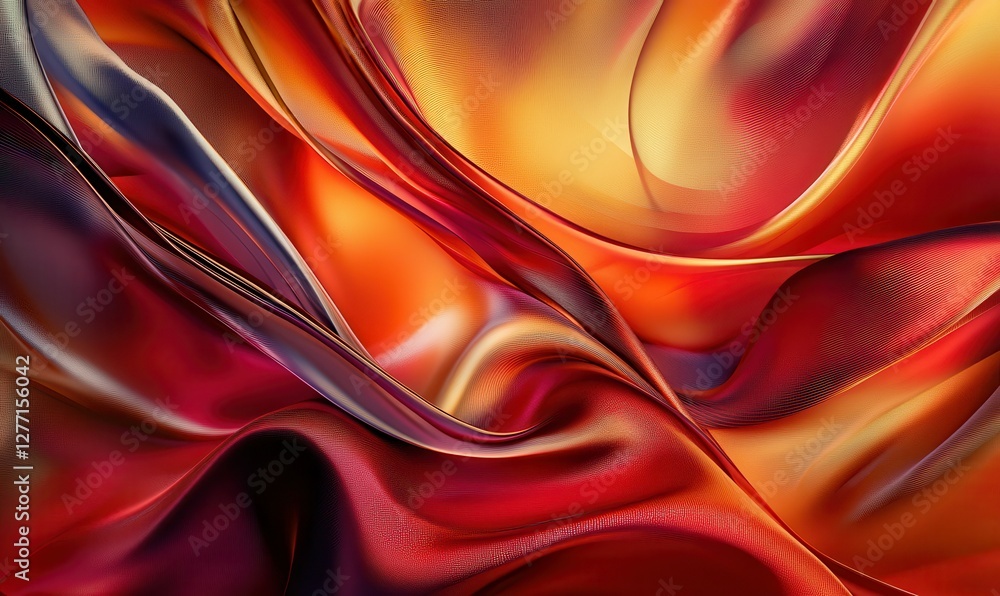 Poster abstract flowing fabric in shades of deep red and gold with smooth textures and dynamic folds, illum