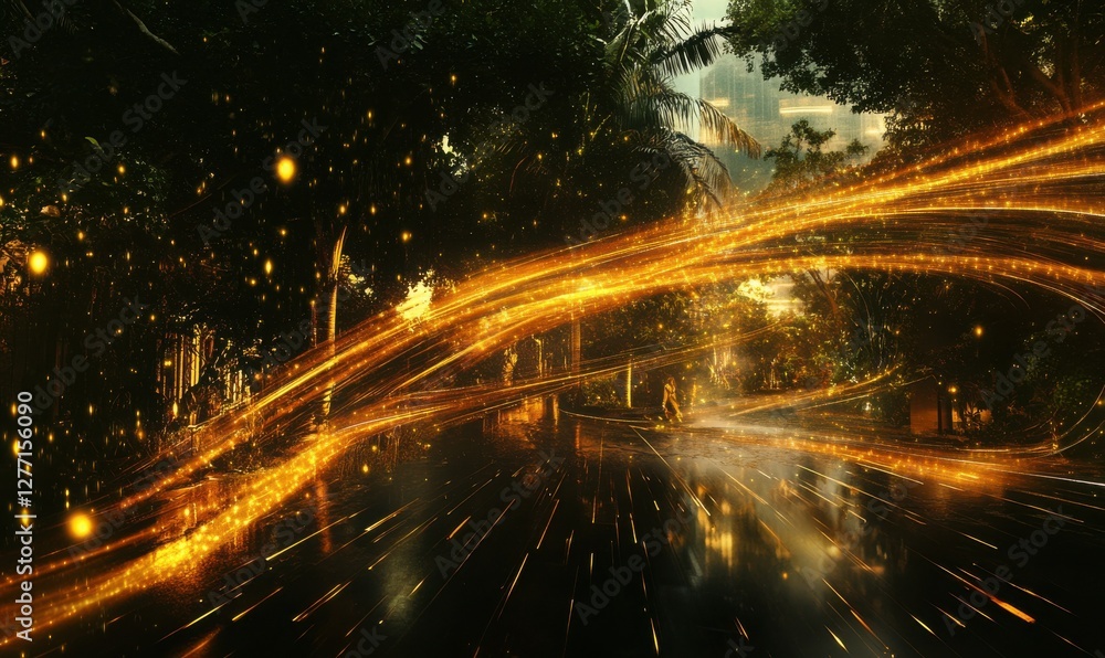 Poster abstract flowing golden light trails scattered dynamically on a dark background illuminated by drama