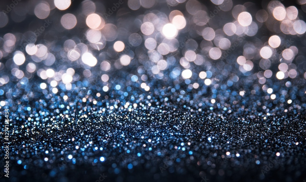 Poster abstract glittering blue and silver bokeh lights on a dark background, creating a magical and festiv