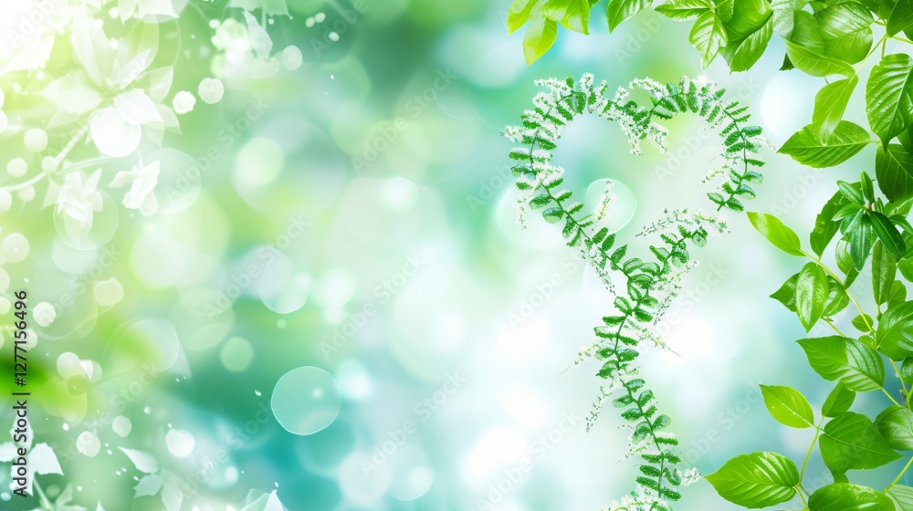 Poster green leaves forming heart shape on blurred natural background with bokeh effect and copy space. val