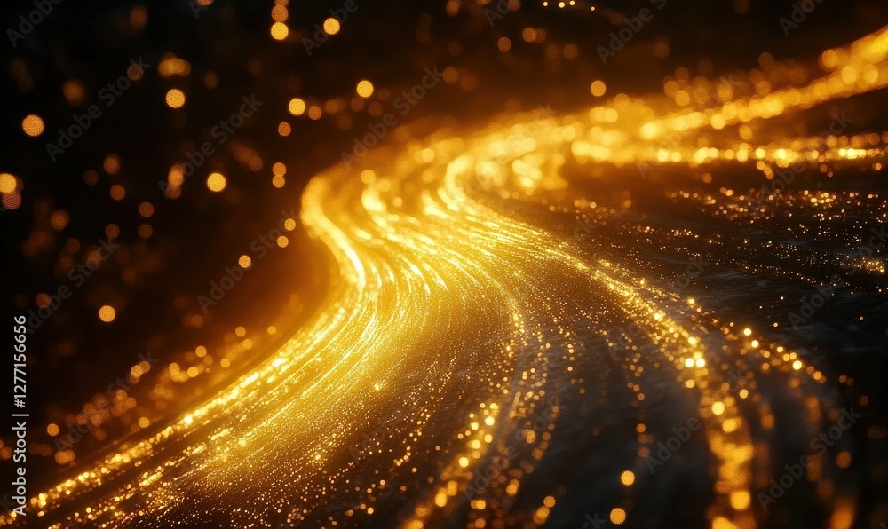 Poster abstract glowing golden light trails flowing dynamically on a dark background illuminated by dramati