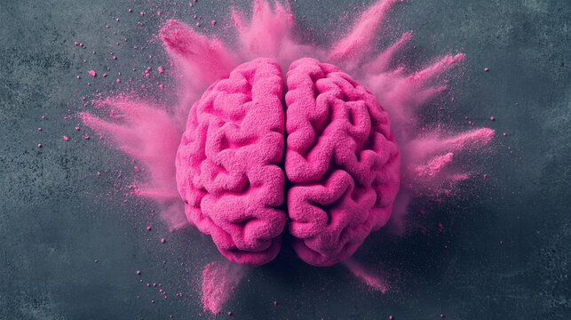 realistic human brain exploding into particles, conceptual artwork of mental breakdown, stress overload, neurological damage, cognitive disintegration, abstract neuroscience, and psychological crisis

