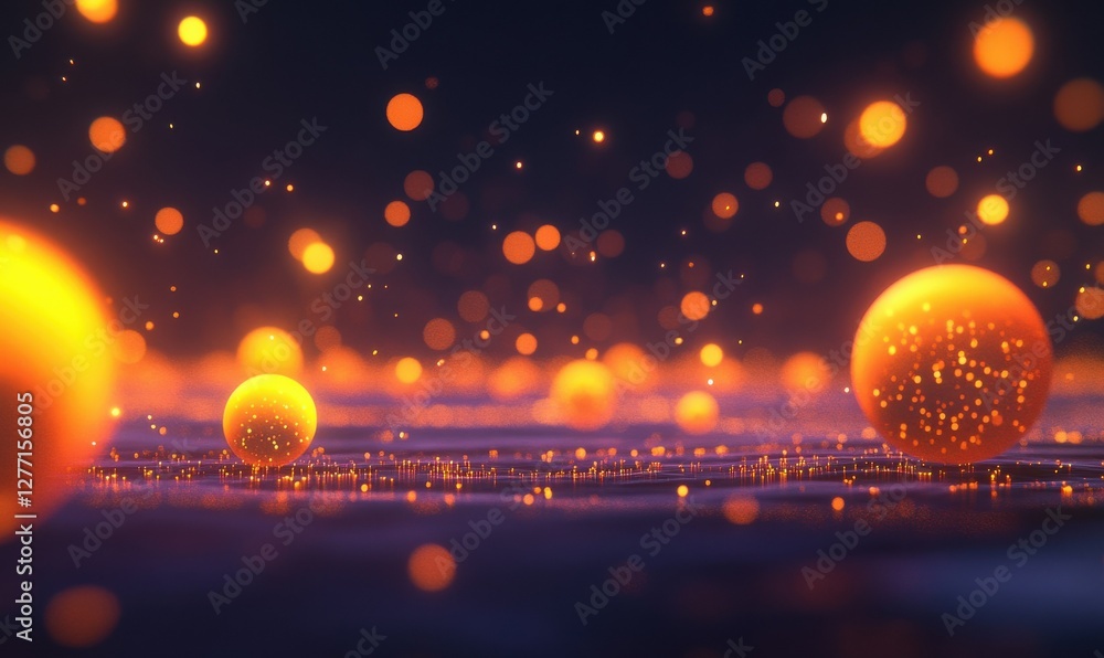 Poster abstract glowing orbs of yellow and orange bokeh lights scattered on a dark backdrop, creating a fes