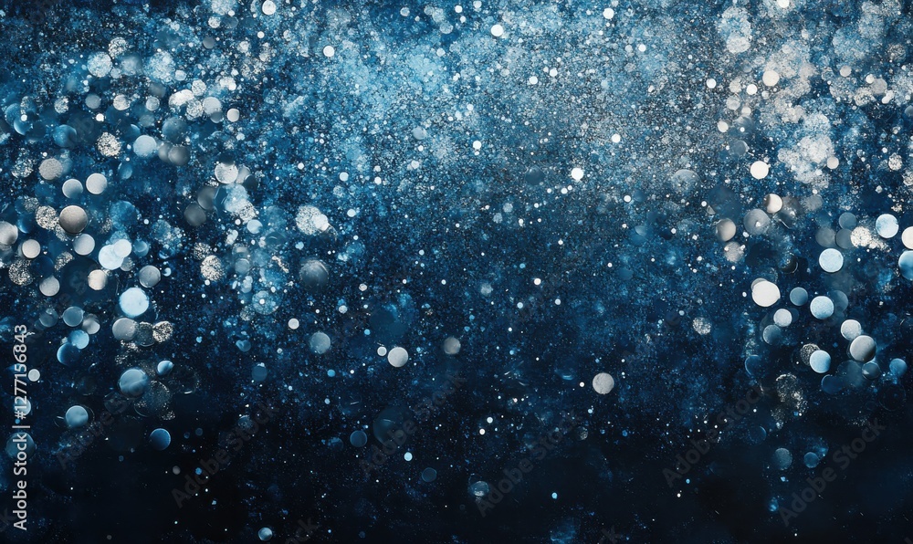 Poster abstract glowing particles in shades of blue and silver scattered dynamically across a dark backgrou