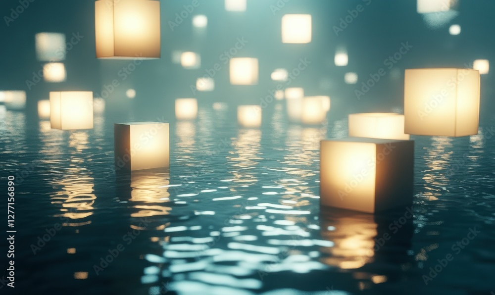 Poster abstract glowing cubes floating in a digital matrix, soft neon reflections enhancing depth, futurist
