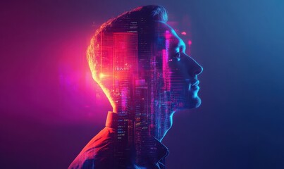 Abstract double exposure portrait of a man with a glowing cityscape blending into his profile, vibrant neon colors creating a futuristic urban theme, bold clean design