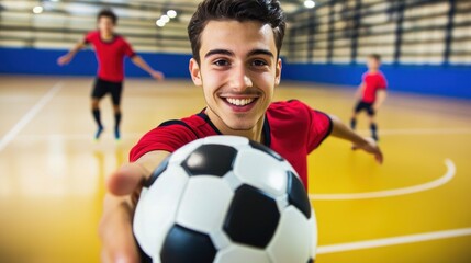 Young Athlete Smiling with Soccer Ball in Indoor Sports Facility