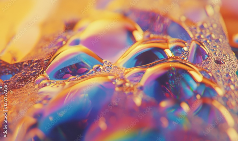 Poster abstract macro shot of colorful soap bubbles reflecting rainbow-like patterns, soft blurred backgrou