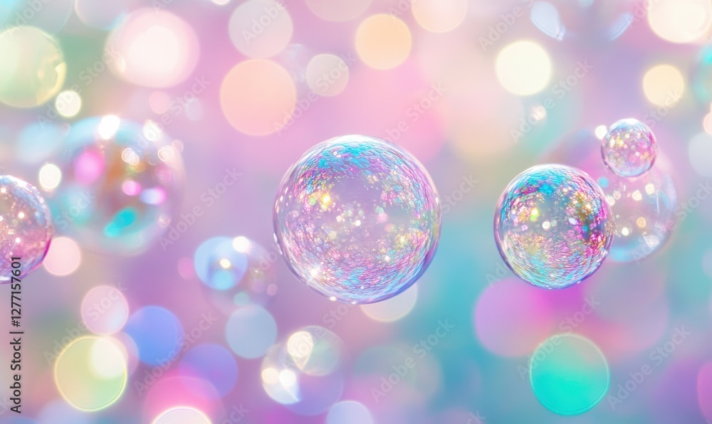 Poster abstract pastel-colored bubbles floating in a crystal-clear background, soft gradients and lighting 