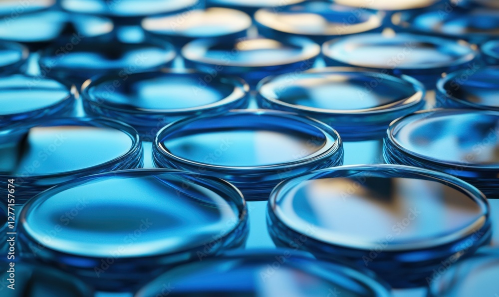 Poster abstract pattern of circular blue glass tiles arranged in a geometric design, reflective surfaces an