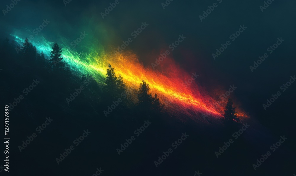 Poster abstract rainbow light trails against a dark background, creating a futuristic and dynamic visual ef