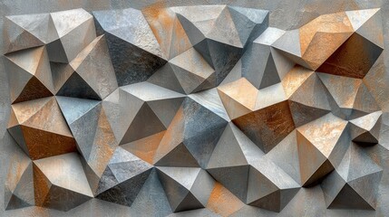 Abstract geometric stone wall design, featuring layered triangles, in a muted color palette.  Possible use background, wallpaper