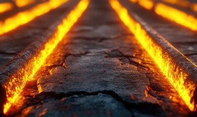 Abstract rendering of glowing steel rods embedded in cracked cement under vibrant warm light. Dynamic patterns and textures highlight strength,