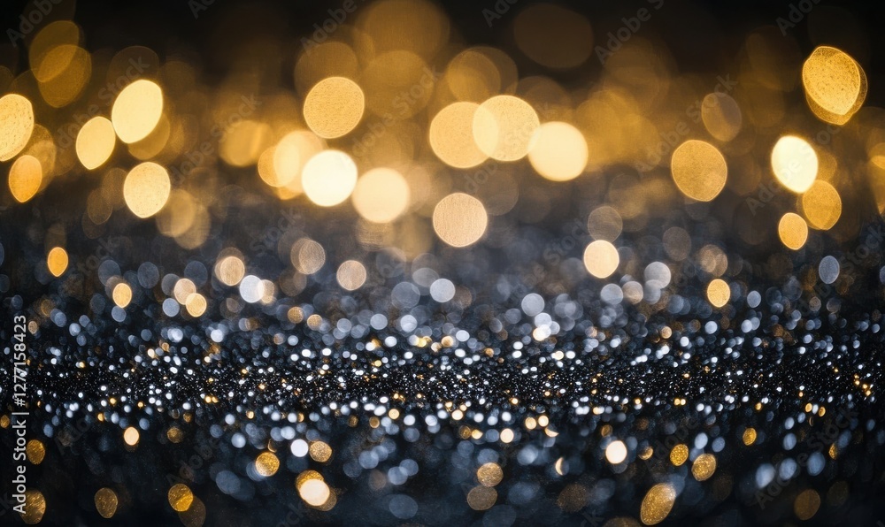 Poster abstract shimmering silver bokeh lights scattered across a dark background illuminated by soft light