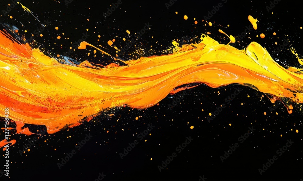 Poster abstract splatter of bright orange and yellow paint, dynamic motion and bold color creating an artis