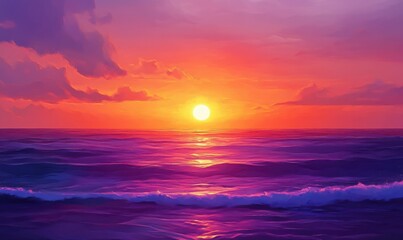 Obraz premium Abstract sunset over a calm ocean with bold strokes of orange and purple blending seamlessly. Vibrant tones evoke relaxation and beauty,