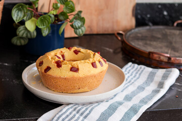 Typical Brazilian sweet dessert corn cake with guava paste.